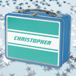 Teal White Racing Stripes Monogram Kids Boys Blue Metal Lunch Box<br><div class="desc">Create your own custom, personalized, cool, classy, stylish, classic, teal and white racing stripes design, faux gold typography / script / font monogram monogrammed, modern, chic, adorable, durable food safe tin plate, food contact safe interior material, classic style kids girls boys blue metal school lunch box with collapsible black plastic...</div>