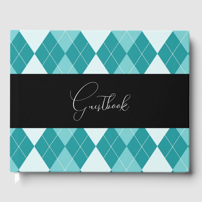 Teal & White Retro Argyle Wedding Guest Book (Front)