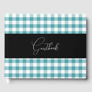 Teal & White Retro Picnic Plaid Wedding Guest Book
