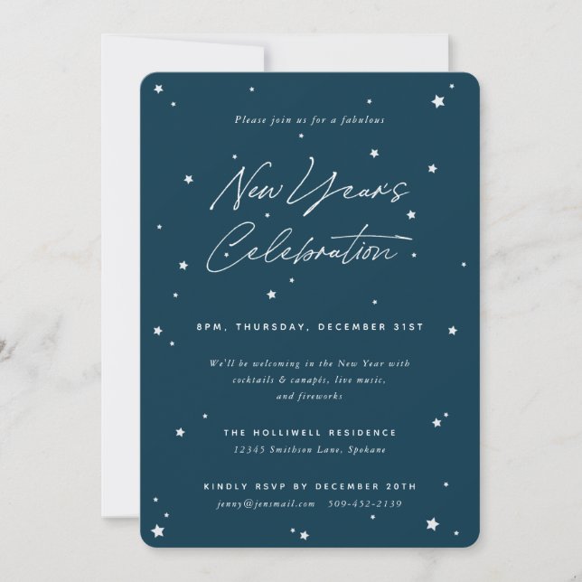 Teal+White Script Scattered Stars New Year' Party Invitation (Front)