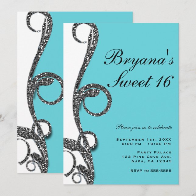 Teal White Silver Glitter Swirl Sweet 16 Party Invitation (Front/Back)