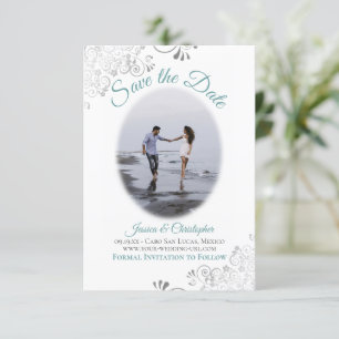 Teal & White Simple Elegant Wedding Oval Photo Save The Date