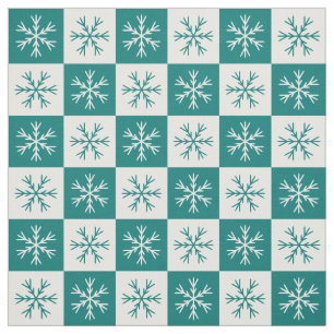 Teal White Snowflake Checkered Pattern Fabric