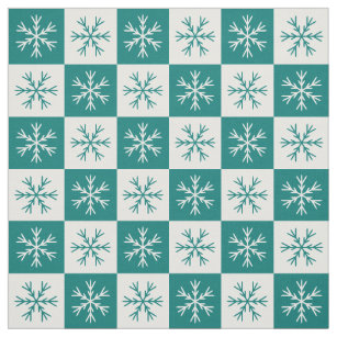 Teal White Snowflake Checkered Pattern Fabric
