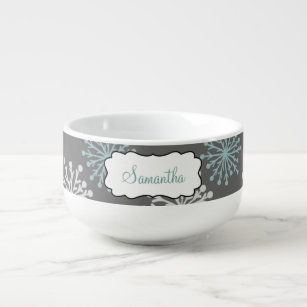 Teal & White Snowflakes on Grey Personalized Soup Mug