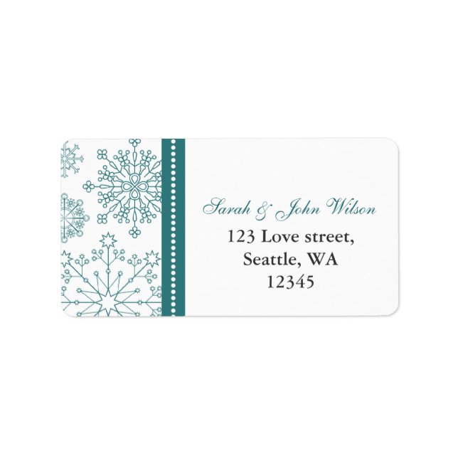 Teal White snowflakes winter wedding Label (Front)