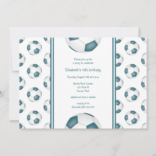 teal white soccer balls pattern birthday party invitation (Front)