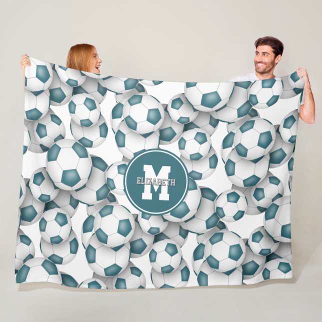 teal white soccer balls pattern monogrammed fleece blanket (In Situ)