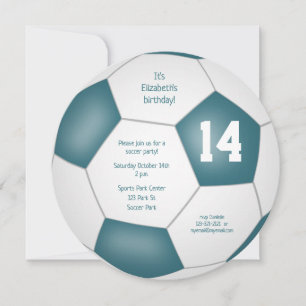 teal white soccer themed birthday party announcement