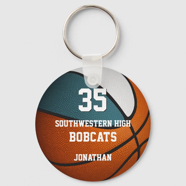 teal white sports boy girl basketball team colours keychain (Front)
