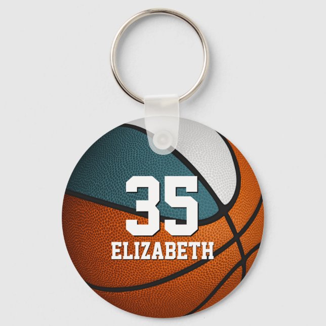 teal white sports team colours girl boy basketball keychain (Front)