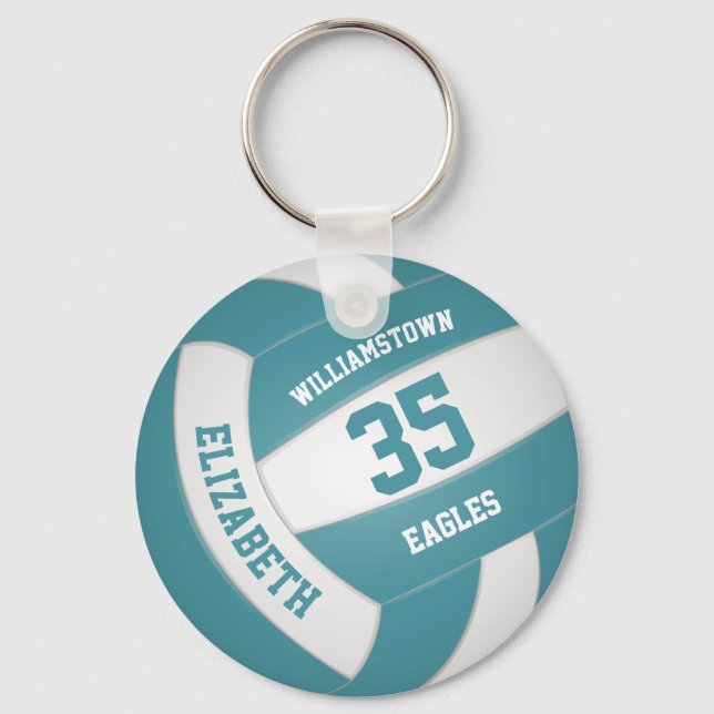 teal white sports team colours volleyball keychain (Front)