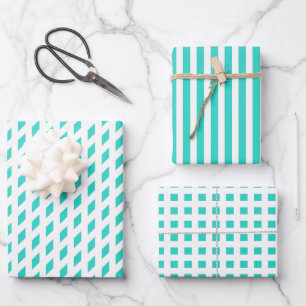 Teal white stripes check diamond geometric pattern wrapping paper sheet