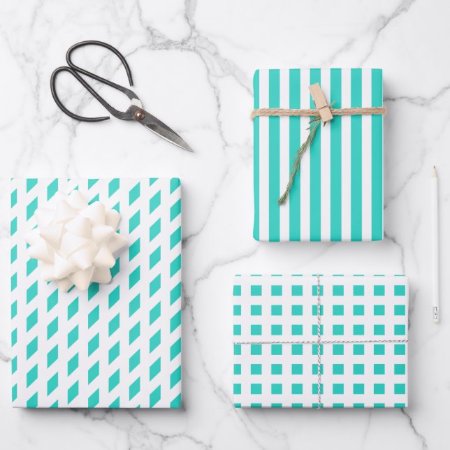 Teal white stripes check diamond geometric pattern wrapping paper sheet (Front)