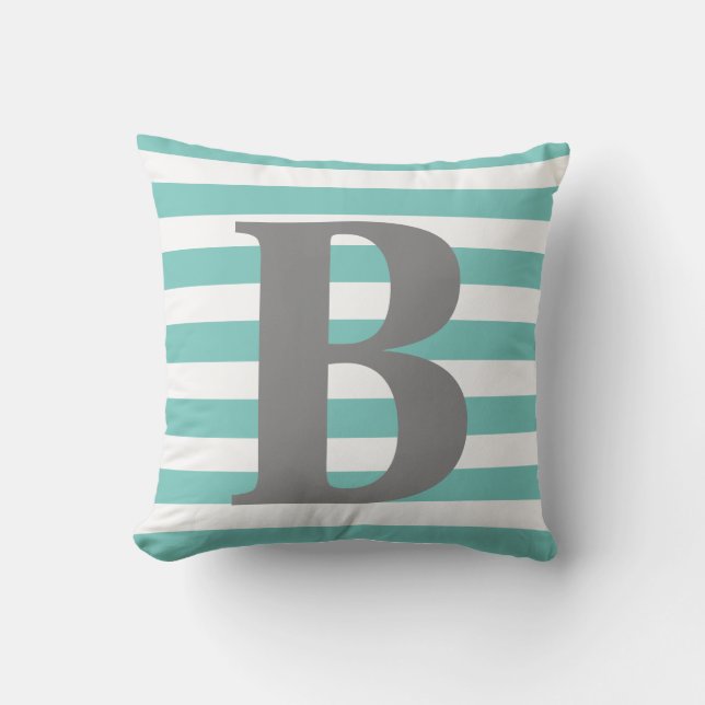 Teal White Stripes Monogram Initial Square Outdoor Pillow (Front)