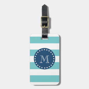 Teal White Stripes Pattern, Navy Blue Monogram Luggage Tag