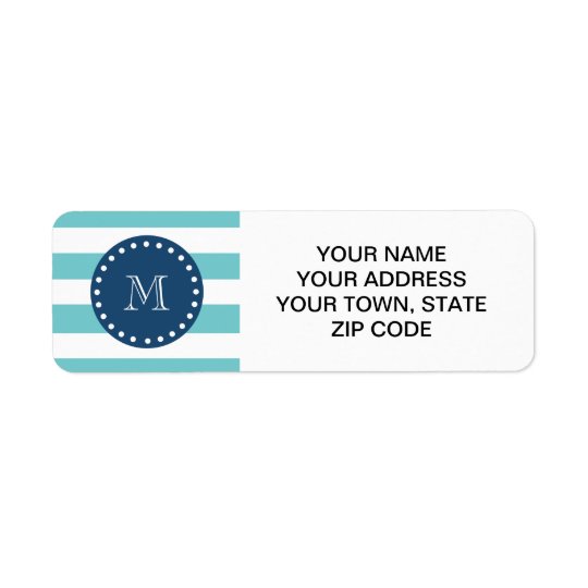 Teal White Stripes Pattern, Navy Blue Monogram Return Address Label