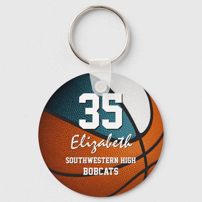 Teal white team colours girls boys basketball keychain (Front)