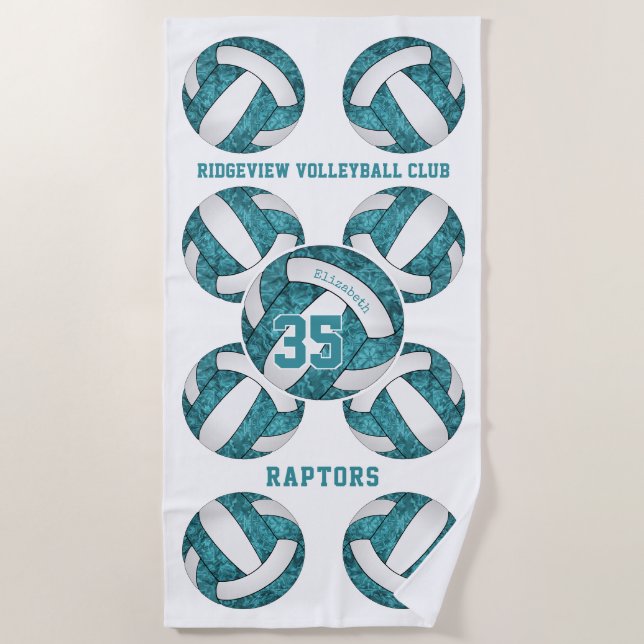 teal white team colours name girly volleyballs  beach towel (Front)