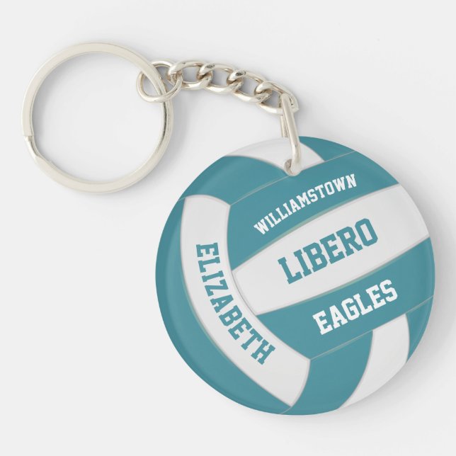teal white team colours personalized volleyball keychain (Front)