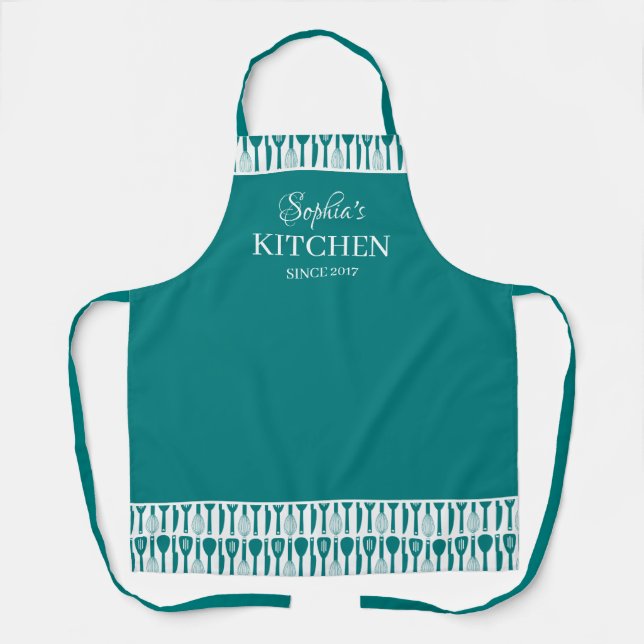 Teal White Utensils Elegant Your Name's Kitchen Apron (Front)