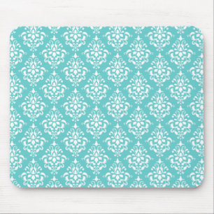 TEAL WHITE VINTAGE DAMASK PATTERN 1 MOUSE PAD