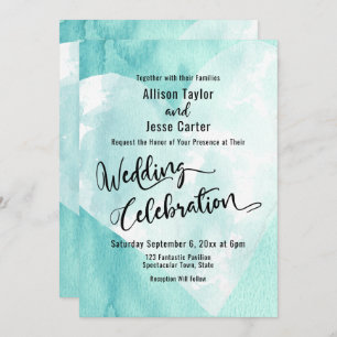 Teal White Watercolor Heart Wedding Celebration Invitation