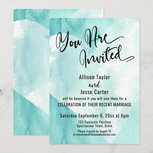 Teal White Watercolor Heart You Are Invited Invitation (Front/Back)