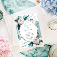 Teal White Watercolor Peony Floral Oval Wedding