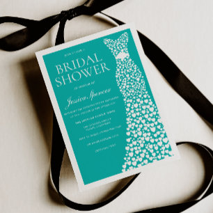 Teal White Wedding Dress Border Bridal Shower Invitation
