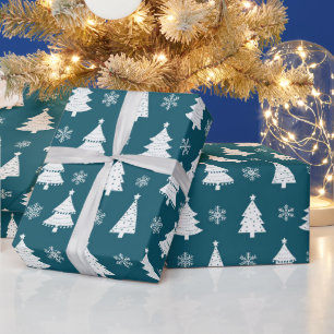 Teal White Winter Christmas Trees Wrapping Paper