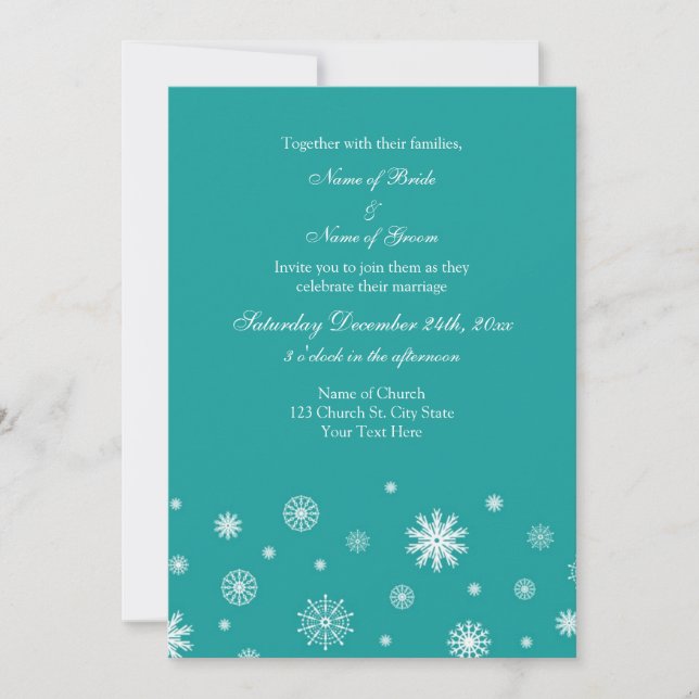 Teal White Winter Wedding Photo Invitation Cards (Front)