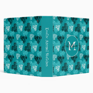 Teal White Zebra Print Hearts Monogram Binder