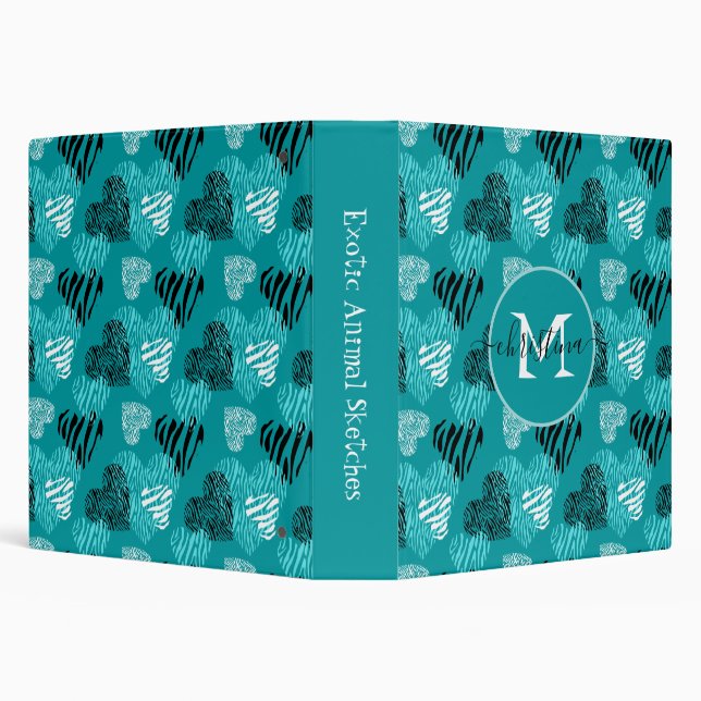 Teal White Zebra Print Hearts Monogram Binder (Background)