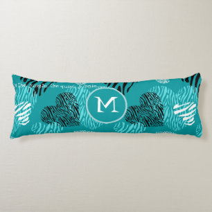 Teal White Zebra Print Hearts Monogram Body Pillow