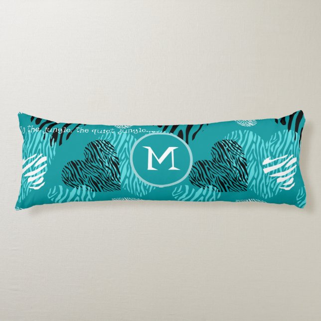 Teal White Zebra Print Hearts Monogram Body Pillow (Front)