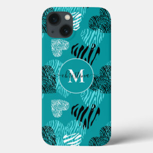 Teal White Zebra Print Hearts Monogram iPhone Case