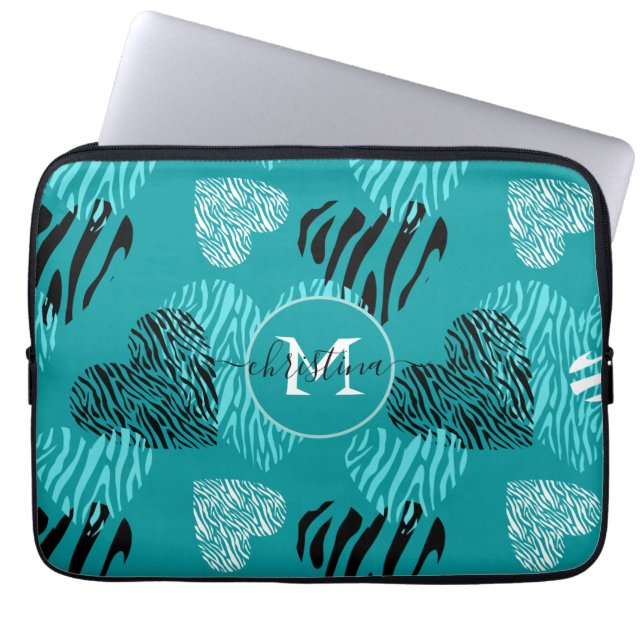 Teal White Zebra Print Hearts Monogram Laptop Sleeve (Front)