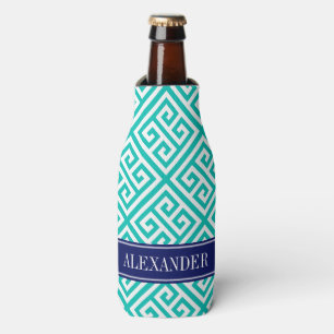 Teal Wht Greek Key Diag T Navy Name Monogram Bottle Cooler