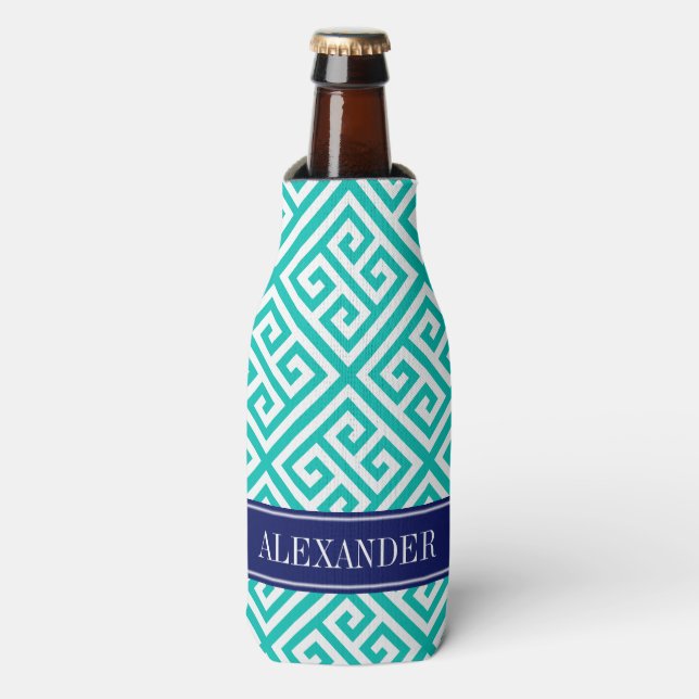 Teal Wht Greek Key Diag T Navy Name Monogram Bottle Cooler (Bottle Front)