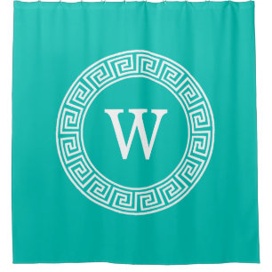 Teal Wht Greek Key Rnd Frame Initial Monogram