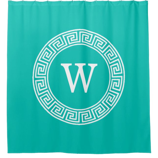 Teal Wht Greek Key Rnd Frame Initial Monogram (Front)