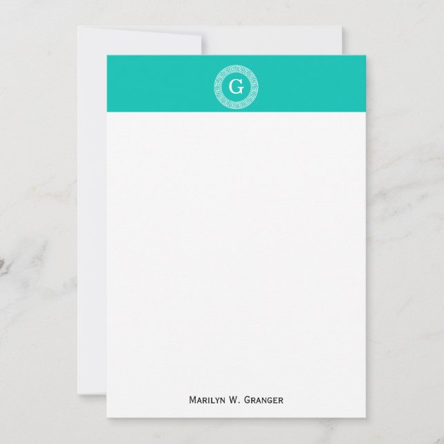 Teal Wht Greek Key Rnd Frame Initial Monogram (Front)
