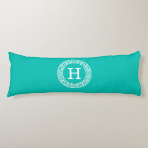 Teal Wht Greek Key Rnd Frame Initial Monogram Body Pillow