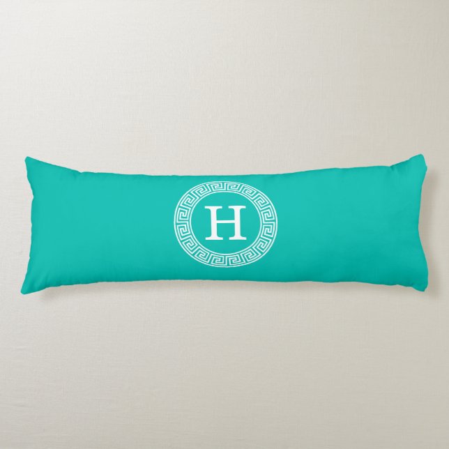 Teal Wht Greek Key Rnd Frame Initial Monogram Body Pillow (Front)