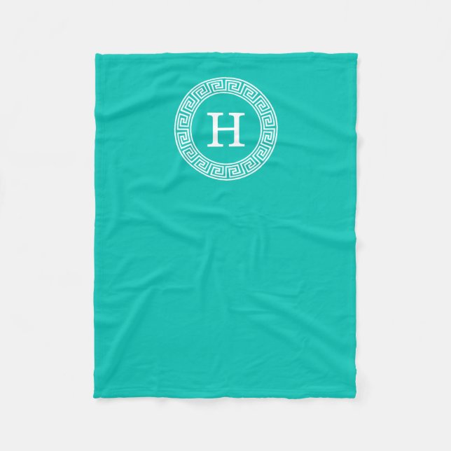 Teal Wht Greek Key Rnd Frame Initial Monogram Fleece Blanket (Front)