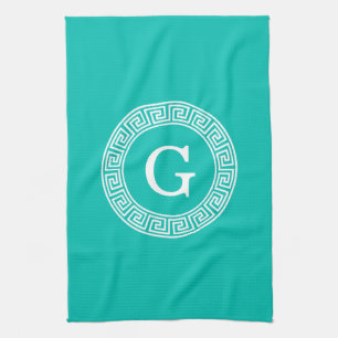 Teal Wht Greek Key Rnd Frame Initial Monogram Kitchen Towel