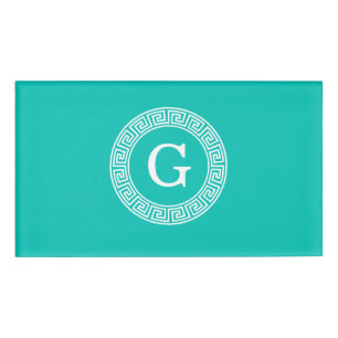 Teal Wht Greek Key Rnd Frame Initial Monogram Name Tag