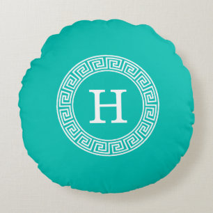 Teal Wht Greek Key Rnd Frame Initial Monogram Round Pillow