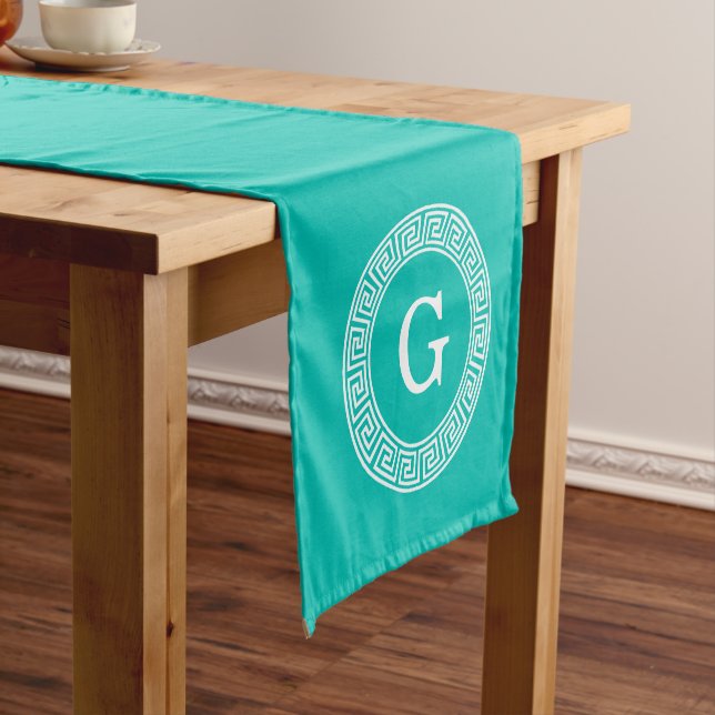 Teal Wht Greek Key Rnd Frame Initial Monogram Short Table Runner (In Situ)